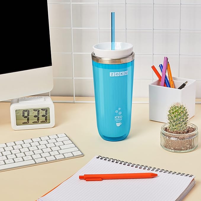 Zoku Instant Iced Coffee Maker Reusable Beverage Chiller Cools Hot Beverages in Minutes Without Dilution Portable 11-ounce Tumbler With Spill-resistant Lid and Straw Teal