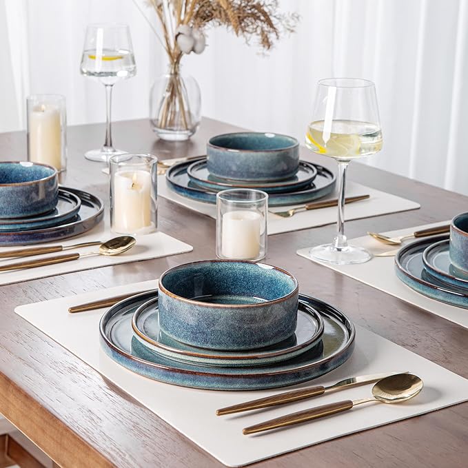 AmorArc Ceramic Dinnerware Sets with Pasta Bowl Handmade Reactive Glaze Plates and Bowls SetsHighly Chip and Crack Resistant | Dishwasher &amp Microwave Safe Dishes Set Service for 4 (16pc)