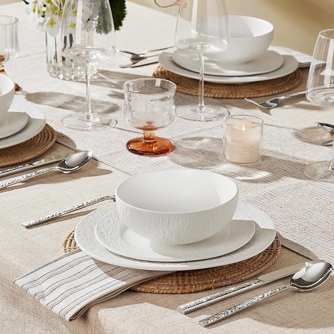 KINGSTONE Dinnerware Sets 12-Piece Matte Marble Pattern Premium Porcelain dishes set Plates and Bowls Sets for 4 Place Setting with Dinner Plate Salad Plate Pasta Bowl (White)