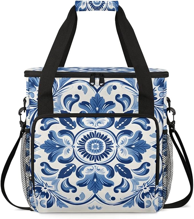 Blue Flower Design Coffee Maker Travel Bag for Keurig K-Mini/K-Mini Plus Insulated Waterproof Tote with Pockets for K-Cup Portable Single-Serve Brewer Case