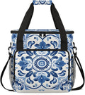 Blue Flower Design Coffee Maker Travel Bag for Keurig K-Mini/K-Mini Plus Insulated Waterproof Tote with Pockets for K-Cup Portable Single-Serve Brewer Case