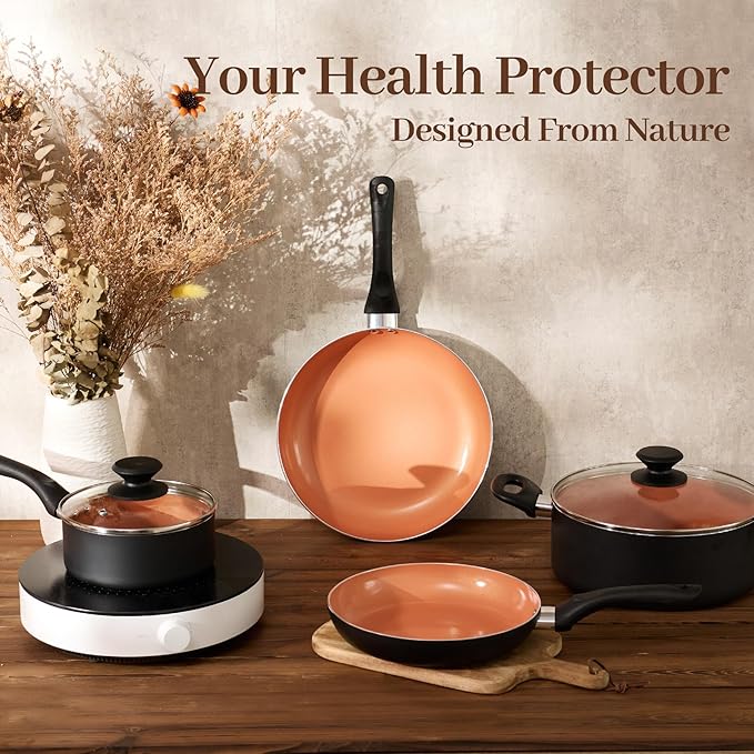 8pcs Gold Ceramic Pots and Pans Set Cooking Pan SetCooking Pot Set Ceramic Pan Set Nonstick Cookware Set Induction Safe Kitchen Cooking Set with Frying Pans Saucepans shovel and Ladle