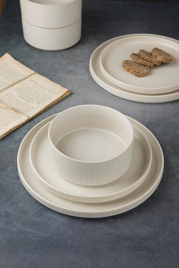 Famiware Dinnerware Set for 4 (12 Piece) and 4oz Dipping Bowl Set (6 Piece) - Star Stoneware Dishes - Matte White