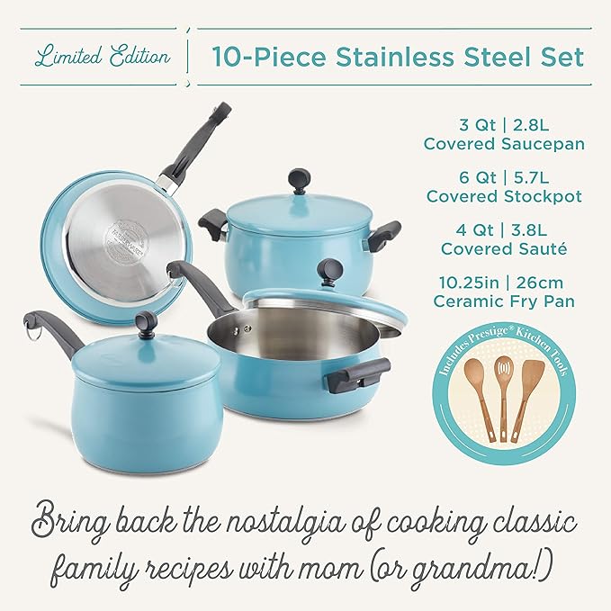 Farberware 120 Limited Edition Stainless Steel Cookware Pots and Pans Set with Prestige Kitchen Tools 10 Piece Aqua Blue