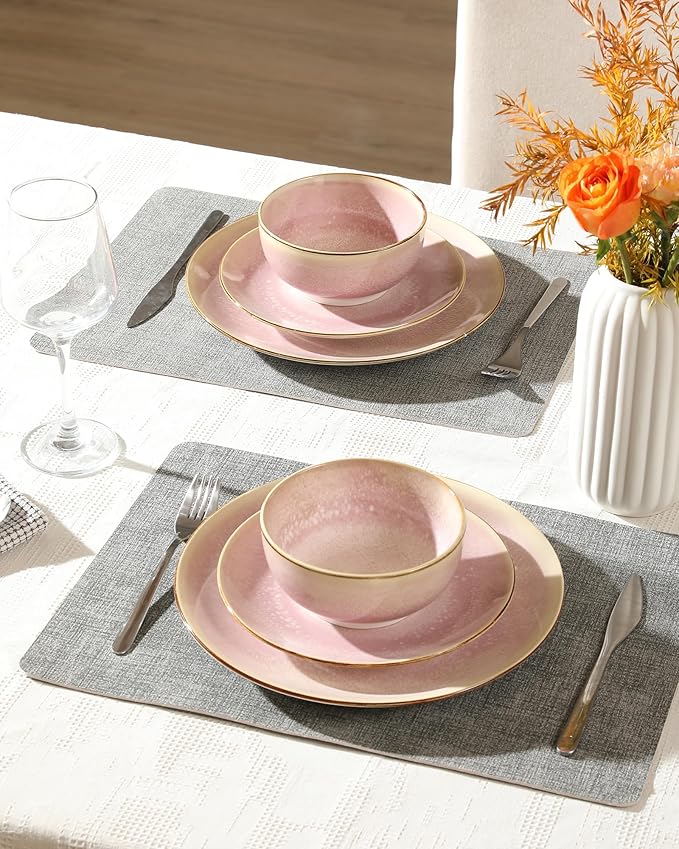 Sweejar Dinnerware Sets Service for 4 12 pcs Porcelain Plates and Bowls for Kitchen Housewaring Gift Chip and Scratch Resistant Dish Set Handmade Dishwasher and Microwave Safe Plate Set Pink