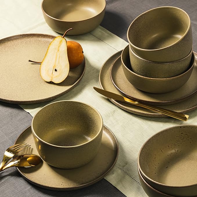 Gibson Elite James Street 16 Piece Stoneware Matte Reactive Double Bowl Dinnerware Set - Toast Cream Service for 4 (16pcs)