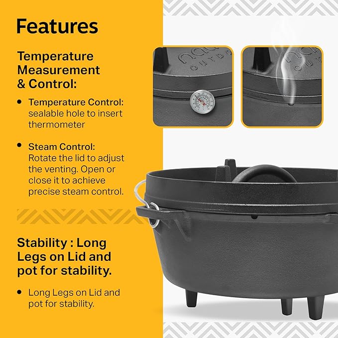 NATIVO 6QT Pre-Seasoned Outdoor Cast Iron Dutch Oven Pot with Multipurpose Lid Dutch Oven for Camping and Outdoor Cooking using Fire and Coals With Legs and Reversible Lid Grill