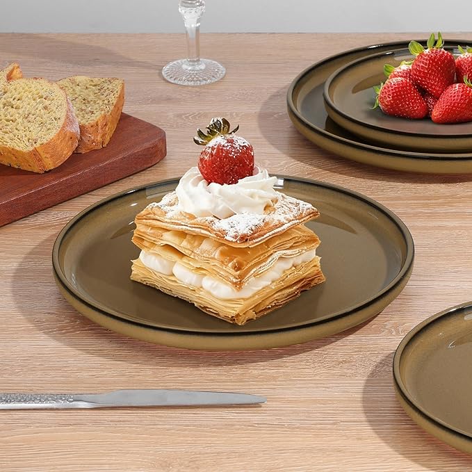 E-far Stoneware Dinnerware Sets for 8 24 Pieces Reactive Glaze Plates and Bowls Sets Elegant Dishes with Rustic Terracotta Clay Base Dishwasher &amp Microwave Safe Scratch Resistant Desert Camel