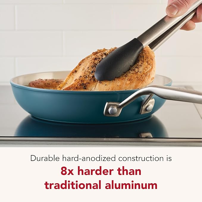 KitchenAid Hard Anodized Ceramic Induction Nonstick Pots and Pans Set with Saucepans Frying Pans Stockpot and Lids Dishwasher Safe 9 Piece Cookware Set with Stainless Steel Handles - Agave Blue