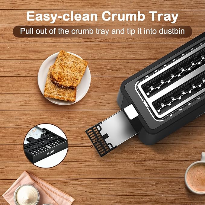 Mecity 4 Slice Toaster Long Slot Toaster with Timer Bagel Defrost Reheat Cancel Functions Warming Rack Removable Tray 6 Browning Settings Extra Wide Slots Stainless Steel 1300W