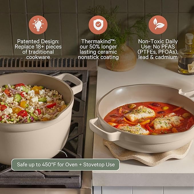 Our Place Cookware Duo | 7-Piece Ceramic Cookware Set with 10.5 Always Pan 2.0 5.5 Qt Perfect Pot &amp Strainer Basket | Induction &amp Oven Safe up to 450°F | Nonstick Non-Toxic Cookware | Spice