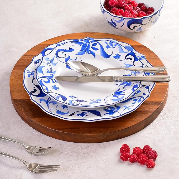 222 Fifth 12-Piece Porcelain Dinnerware Set for 4 Blue &amp White Plates and Bowls Set Glossy Ceramic Dish Set with Beautiful Floral Rims Elegant Kitchen Dishes Microwave &amp Dishwasher Safe A