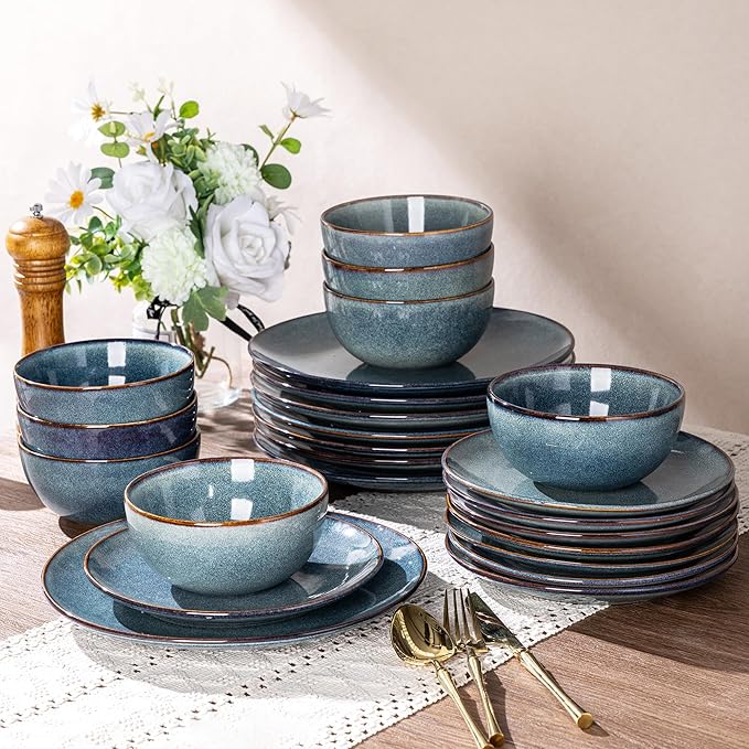 AmorArc Ceramic Dinnerware Sets for 6 18 Pieces Handpainted Plates and Bowls Set Scratch Resistant Stoneware Dishes Set Dishwasher &amp Microwave Safe Ceylon Blue