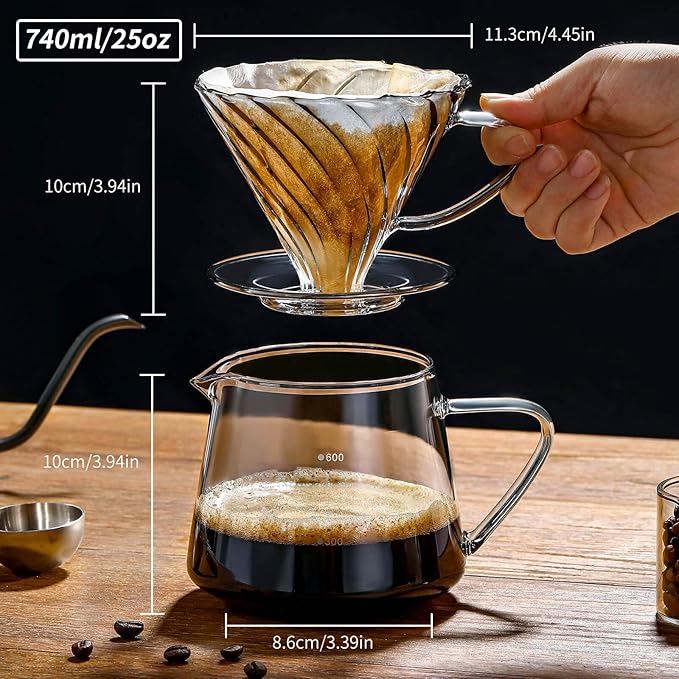 Unbreakable - Pour Over Coffee Maker 750ML/25OZ Heat Resistant Borosilicate Glass Dripper with Filter Holder BPA-Free Manual Coffee Brewer for Home and Office Use