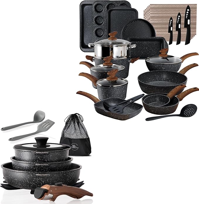 Kitchen Academy 30Pcs Bakeware &amp Cookware Set + 10Pcs Rv Pots and Pans Set with Removable Handle Cookware Sets