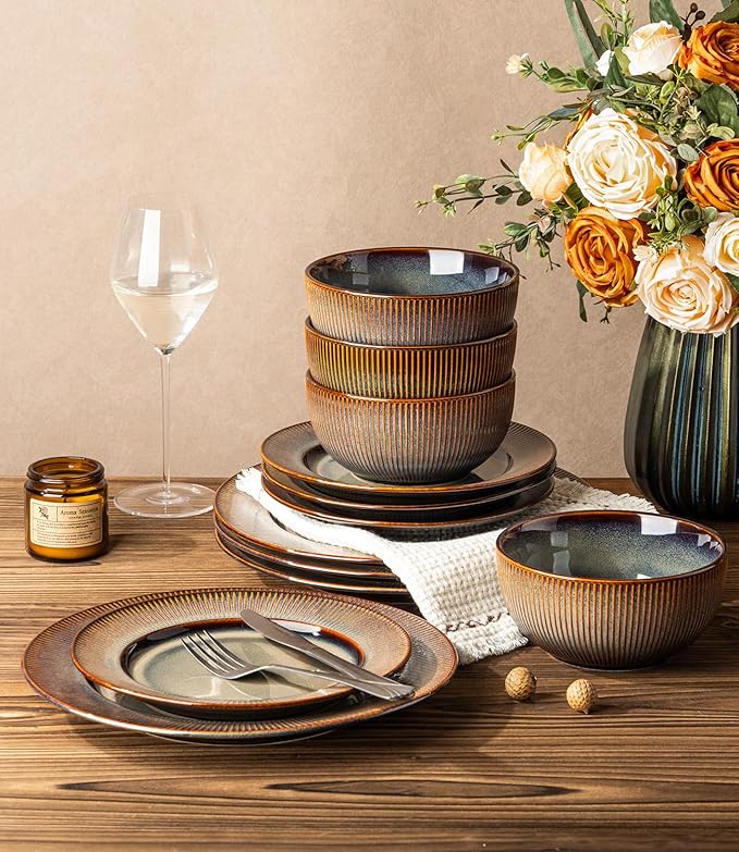 TheTerra Stoneware Dinnerware Sets for 4 12 Pieces Ceramic Plates and Bowls Sets Scratch Resistant Embossed Dish Set Oven Microwave &amp Dishwasher Safe Coca Mocha