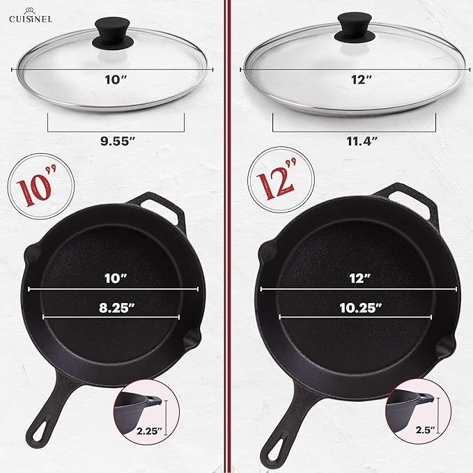 Cuisinel 6+8+10+12-Inch Cast Iron Skillets Set + Glass Lids + Silicone Handle Grips - Pre-Seasoned Frying Pan - Oven Cookware - Use Indoor/Outdoor Grill Stovetop Fire Camping Kitchen