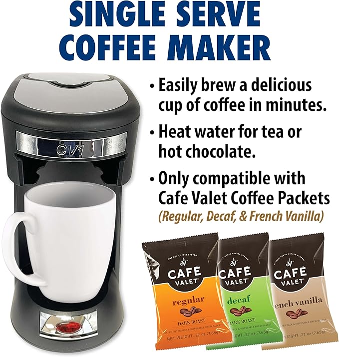 Café Valet Single Serve Coffee Maker Brews 10 Ounces of Coffee or Hot Water Compatible with Café Valet Coffee Packs