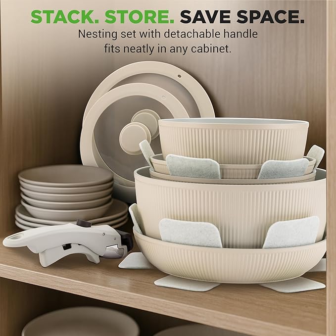 NutriChef 18-Piece Ceramic Cookware Set with Detachable Handles Non Stick Pots and Pans PTFE-Free Natural Ceramic Coating Space-Saving Design Oven &amp Stove Safe Includes Utensils Cream