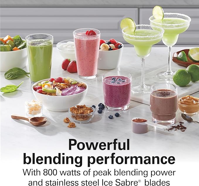 Hamilton Beach Wave Action Blender for Smoothies Stainless Steel Ice Sabre Blades 40oz Glass Jar 20oz Blend-In Portable Travel Jar 800 Watts Quiet Design Gray (58181)