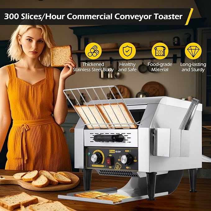 Dyna-Living Commercial Conveyor Toaster 300 Slices/Hour Electric Conveyor Belt Toaster for Restaurant 1900W Heavy Duty Stainless Steel Conveyor Toasters for Bun Bagel Bread