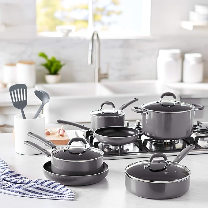Amazon Basics Aluminum Cookware Set with Stay-Cool Handles Dishwasher and Oven Safe 12-Piece Pots Pans and Utensils with Lids Gray