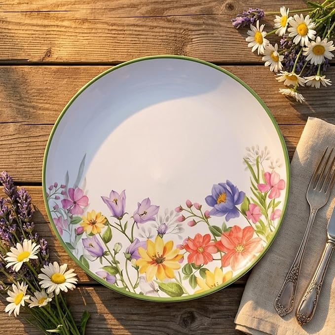 12 Piece Floral Melamine Dinnerware Sets Green Camping Dishes Set Spring Lightweight Plates and Bowls Sets Service for 4 Unbreakable Dishwasher Safe Dish Set for Indoor &amp Outdoor Use