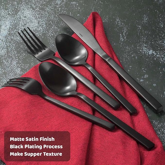 Alata Cube 45-Piece Forged Stainless Steel Flatware Set Cutlery Set with Utensil-Serving Set Silverware Set Service for 8 Matte Satin Polished Dishwasher Safe