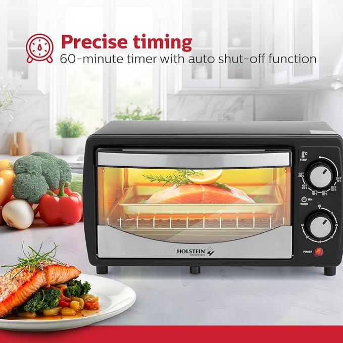 Holstein Housewares 4 Slice Countertop Toaster Oven with 60 Minute Timer Includes Pan and Wire Rack Perfect for Baking Broiling and Toasting Compact Design in Sleek Black for Convenient Kitchen Use