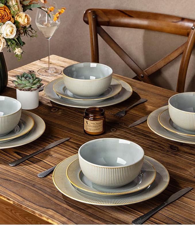 TheTerra Stoneware Dinnerware Sets for 4 12 Pieces Ceramic Plates and Bowls Sets Scratch Resistant Embossed Dish Set Oven Microwave &amp Dishwasher Safe Desert Sage