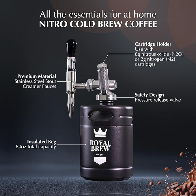The Original Royal Brew Nitro Cold Brew Coffee Maker - Gift for Coffee Lovers -64 oz + 128 oz Extra Large Home Keg Nitrogen Gas System Coffee Dispenser Kit