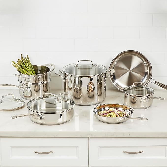 Cuisinart Chef’s Classic 11-Piece Stainless Steel Pots and Pans Set Cookware Set Compatible with Induction Electric Gas Cooktops Aluminum Core for Even Heat Cool Grip Handles Dishwasher Safe