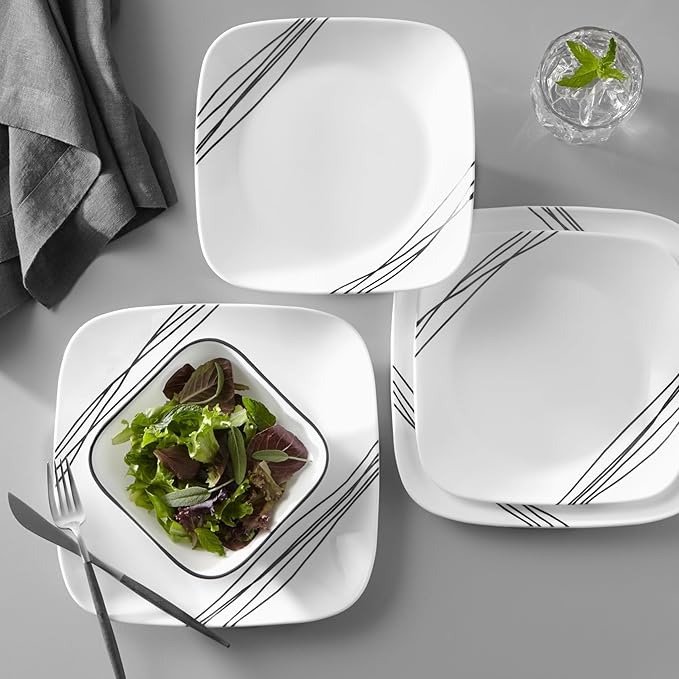 Corelle Vitrelle 18-Piece Service for 6 Dinnerware Set Triple Layer Glass and Chip Resistant Lightweight Square Plates and Bowls Set Simple Sketch