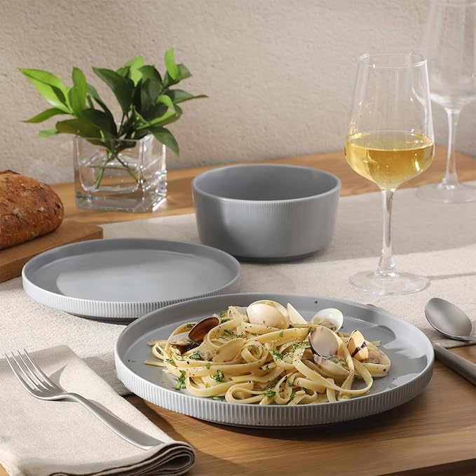 Gibson Home Dempsey Road 12-Piece Stoneware Dinnerware Set – Service for 4 Round Grey Plates and Bowls Durable Solid Color Modern Embossed Dish Set Microwave &amp Dishwasher Safe