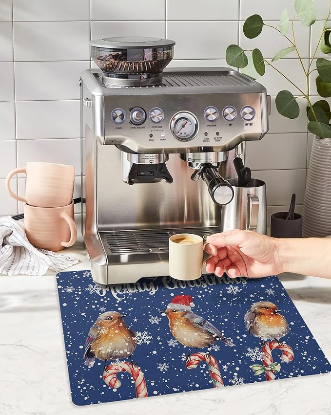 Coffee Mat Coffee Bar Mat for Countertops Christmas Watercolor Birds with Snowflakes Blue Absorbent Coffee Maker Mat Rubber Backed Dish Drying Mat for Coffee Espresso Machine Coffee Maker 16x18