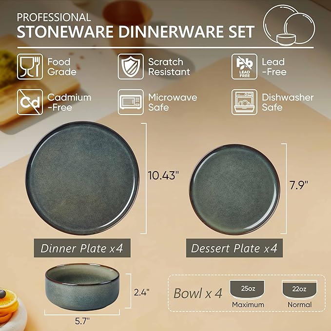 Herogo 12 Pieces Square Stoneware Dinnerware Set Service for 4 Dinner Plates and Bowls Sets Double Reactive Glaze Dishes Set for Kitchen Scratch Resistant Dishwasher Safe Moss Green