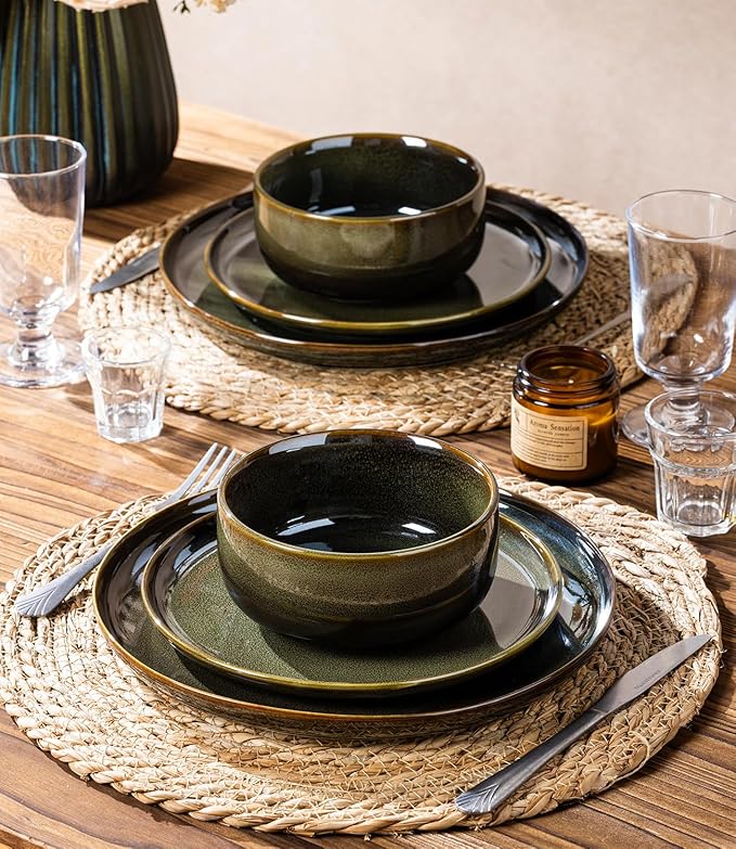 TheTerra Ceramic Dinnerware Sets for 8 24 Pieces Handmade Reactive Glaze Plates and Bowls Set Scratch Resistant Dish Set Oven &amp Microwave &amp Dishwasher Safe Olive Green
