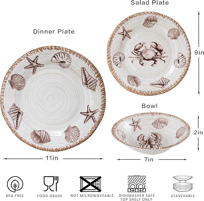Melamine Dinnerware Sets 12 Piece Rustic Oceanic Theme Outdoor Plates and Bowls Dinnerware Set for Patio Farmhouse Coastal Dishes Dinnerware Set of 4 Great for Camper RV Multicolor