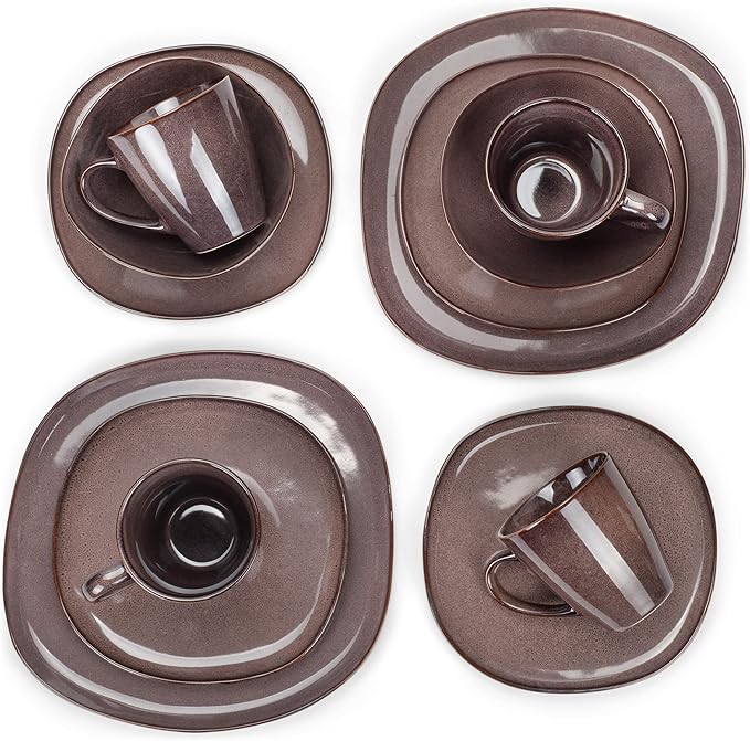 Elanze Designs 16-Piece Modern Luxury Chic Smooth Vintage Handmade Shape High Gloss Ceramic Stoneware Square Plate Mug &amp Bowl Kitchen Dinnerware 16 Piece Set - Service for 4 Plum Purple