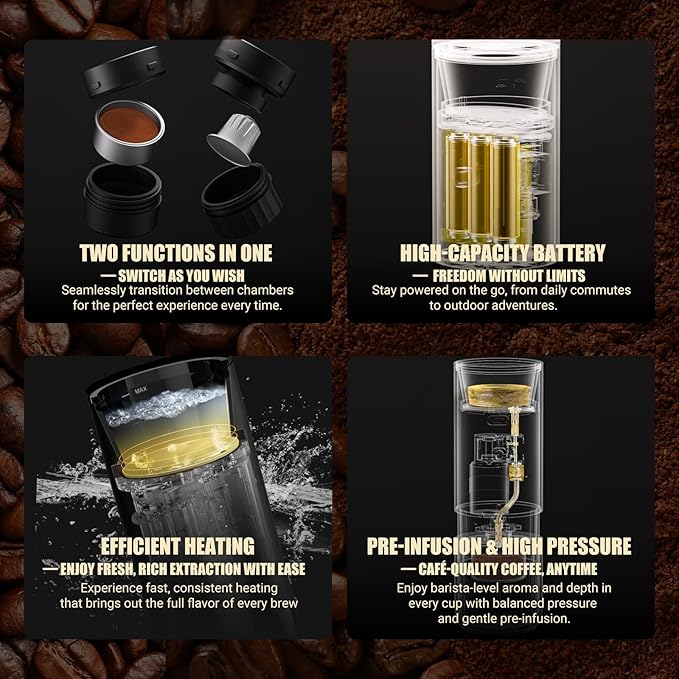 Nuttii E-Coffee Portable Espresso Machine 20 Bar Self-Heating Travel Coffee Maker Precise Pressure Control for Golden Extraction Supports Ground &amp Capsule Coffee for RV Camping &amp Office (B