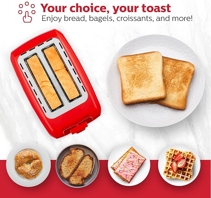 Holstein Housewares 2-Slice Toaster with 7 Browning Settings Extra-Wide Slots Reheat Defrost Cancel High-Lift Release Removable Crumb Tray – Compact Stainless Steel Red