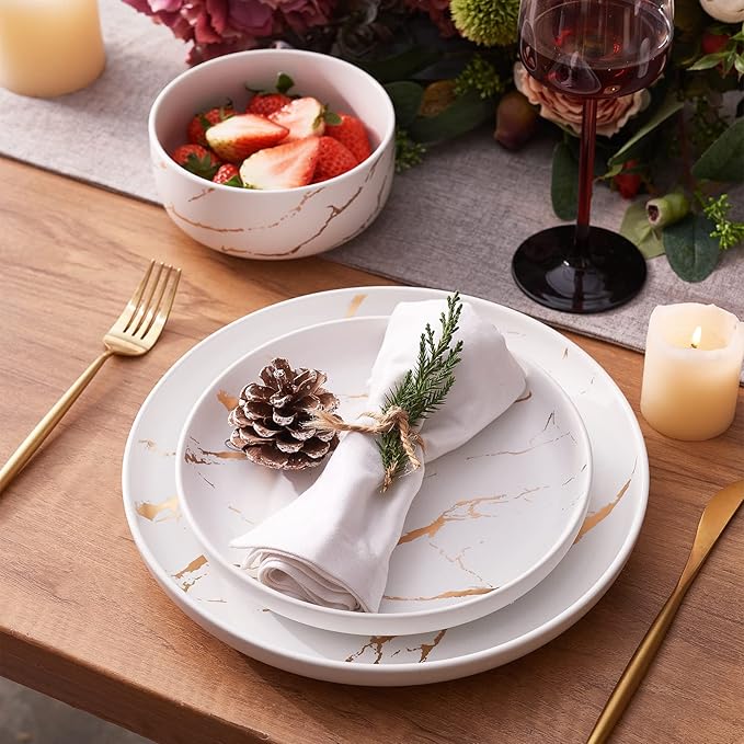 White Gold Splash Dinnerware Sets 12 Pieces Fine China Marble Plates and Bowls Sets Modern Porcelain Dish Set for 4 Luxury Dinner Set for Formal Dinners and Weddings