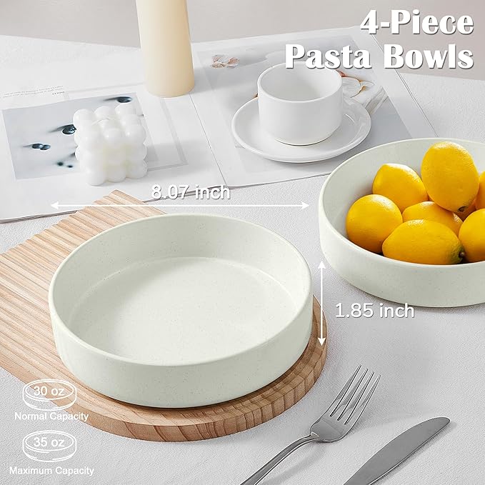 E-far Stoneware Dinnerware Sets with Pasta Bowls Set of 4 Bundle 12PCS Plates and Bowls Dish 35oz Ceramic Large Salad Bowl Plates for Serving Soup Dinner Microwave &amp Dishwasher Safe Speckled W