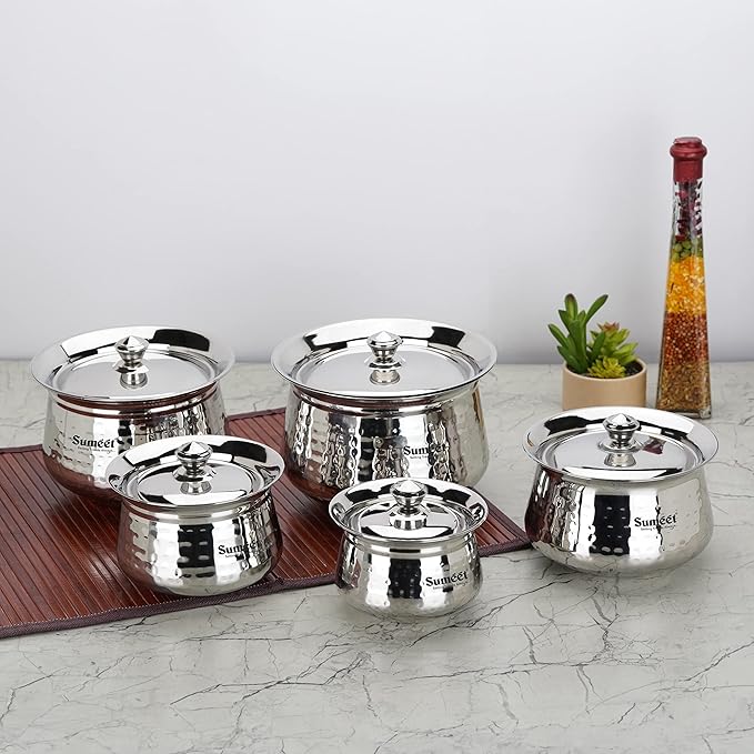 Sumeet Stainless Steel Handcrafted Hammered Texture Handi Set with Lid for Kitchen Set of 5 460ml 650ml 950ml 1300ml &amp 1700ml Silver