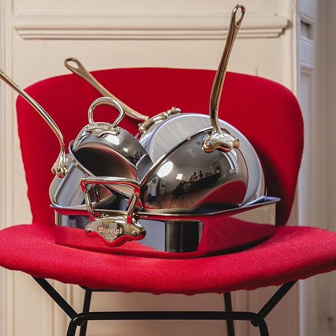 Mauviel M'Cook B 5-Ply Polished Stainless Steel 7-Piece Cookware Set With Brass Handles Made In France
