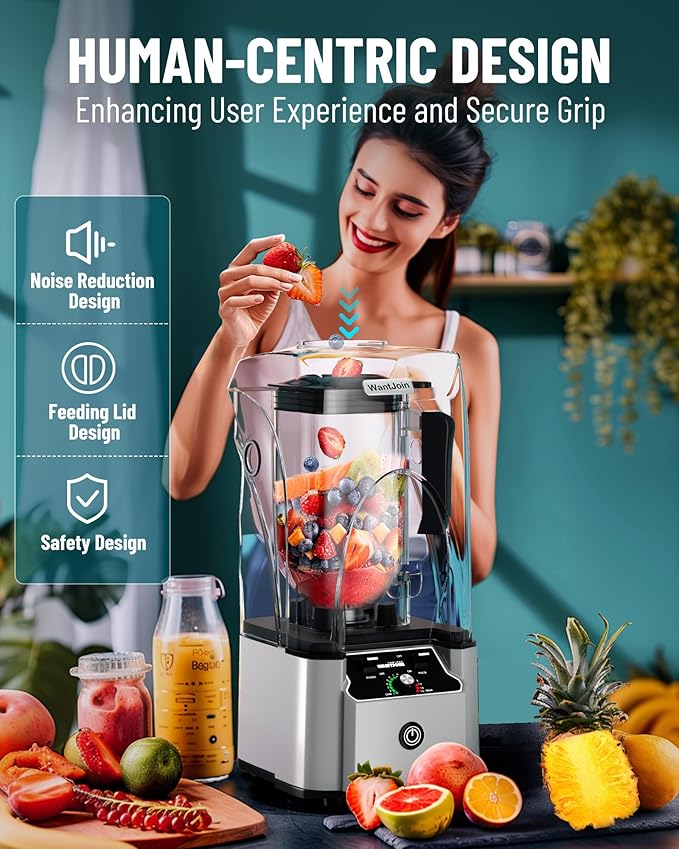 WantJoin Commercial Professional Blender With Shield Quiet Sound Enclosure 2200W Industries Strong and Quiet Professional-Grade Power Self-Cleaning Silver