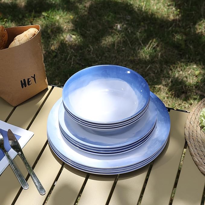 Melamine Dinnerware Sets- 12pcs Melamine Plates and Bowls Set for 4 Suitable for Indoor and Outdoor Use Blue