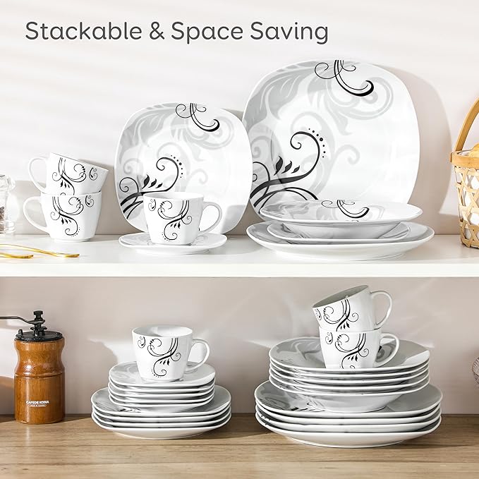 VEWEET 'Zoey' 30-Piece Dinner Set Ivory White Black Decals Porcelain Combination Sets with Cup &amp Saucer Set Stoneware Plate Sets Service for 6 Dishwasher &amp Microwave Safe