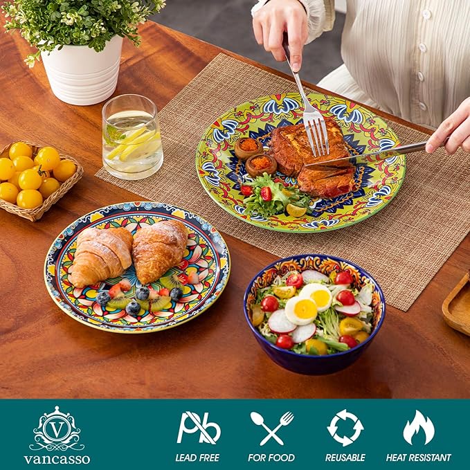 vancasso 18 Pieces Plates and Bowls Set Bohemian Style Dinnerware Sets Service for 6 Porcelain Boho Dishes Set for Kitchen Housewaring Gift Dishwasher and Microwave Safe Series KRVI