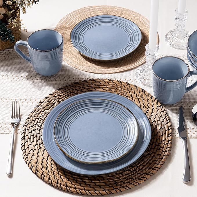Famiware Plates and Bowls Sets 24-Piece Stoneware Dinnerware Sets Dishes Set for 8 Hand-made Reactive Glaze Dish Set Twilight Series Blue